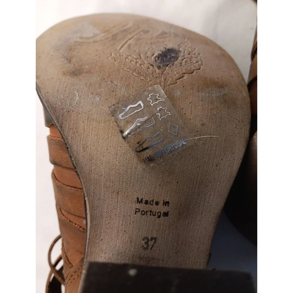 Free People Women 7 Hybrid Leather Strappy Ankle Booties Brown Stacked 3.5" Heel - Picture 9 of 10